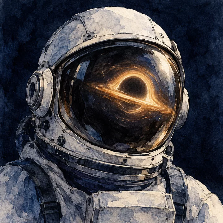 Watercolor illustration of an astronaut with a black hole reflected in the helmet visor.